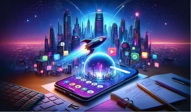 A vibrant digital illustration showcasing the journey of an app from development to launch on Google Play, guided by the expertise of Aurora eLabs